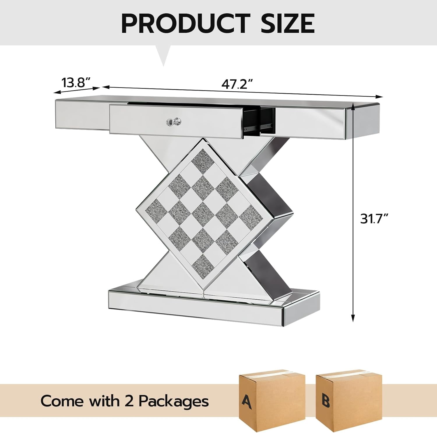 ARICOEASY Mirrored Console Table with LED Light and Storage Drawer, Narrow Entryway Table with drawers for Living Room Furniture Sets