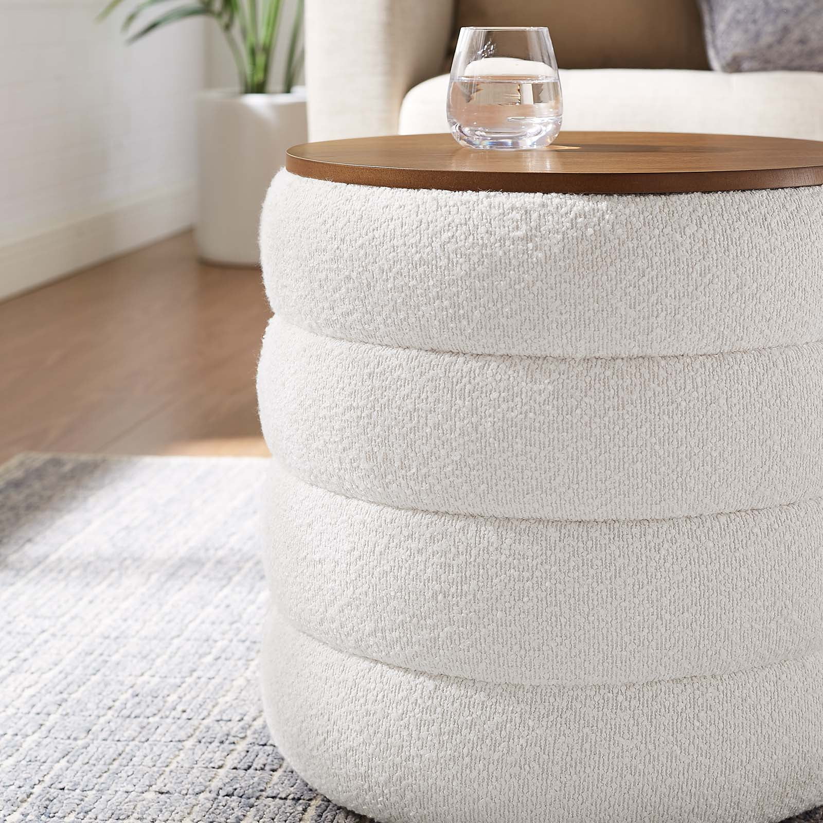 Mezzo Round Boucle Fabric Storage Ottoman in Cloud