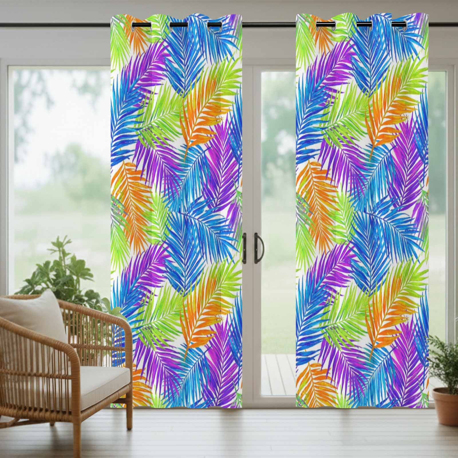 Colorful Palm Leaf Outdoor Curtains for Patio, Summer Rainbow Fronds Boho Purple Blue Yellow Leaf Sunshade Privacy Drapes Grommet Waterproof Outside Curtains for Porch Balcony 54"x108", 1 Panel
