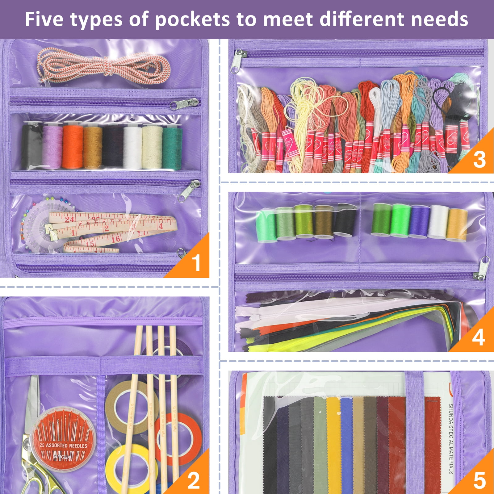 FINPAC Sewing and Craft Supplies Storage Tote, Large Capacity Travel Packing Organizer Bag with Clear Pockets and Handle for Knitting, Crochet, Art, Sewing Accessories, Lavender