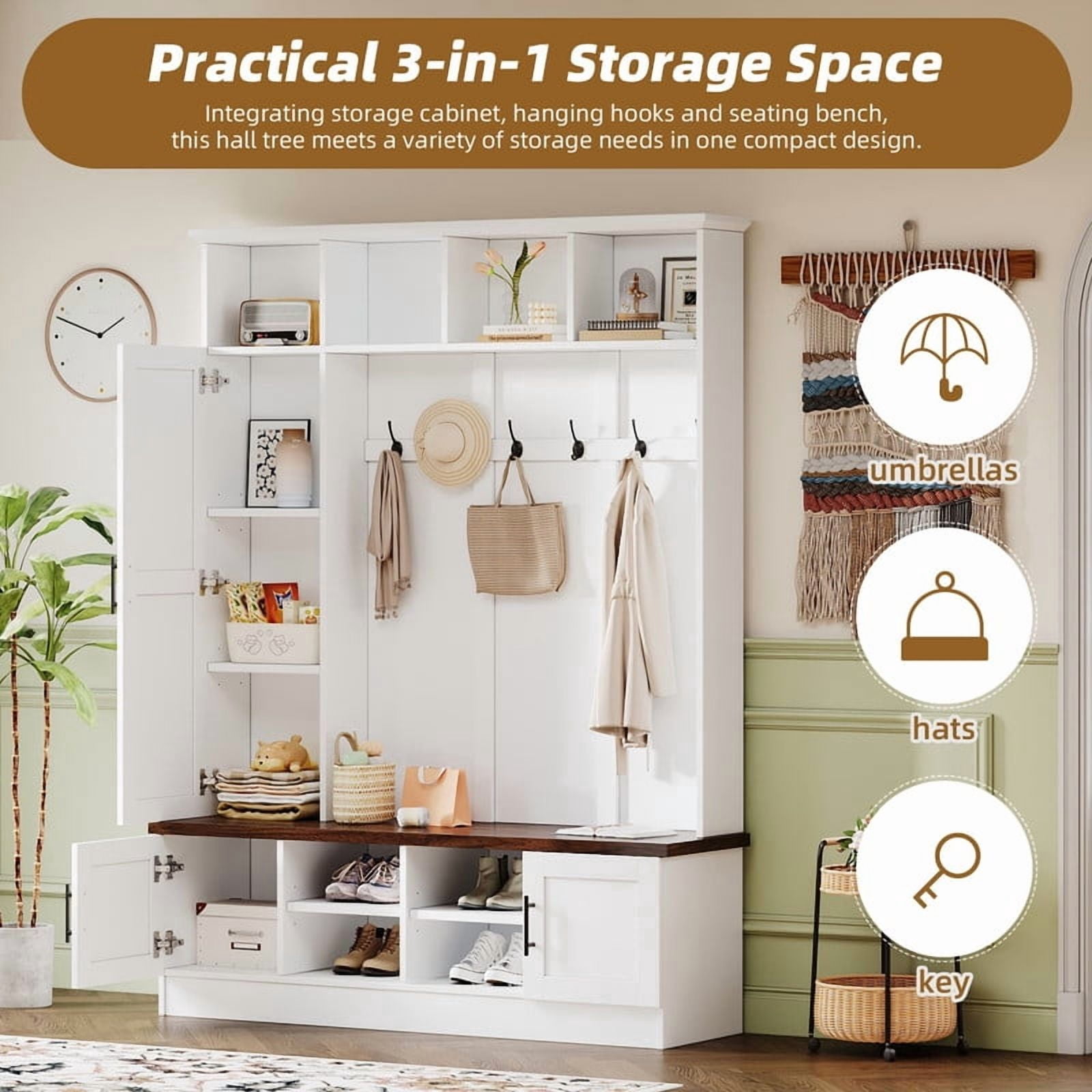 Farmhouse 3-in-1 Hall Tree with 6 Hooks, Entryway Coat Rack with Adjustable Shelves, Versatile Shoe Storage Bench with Open Cubbies