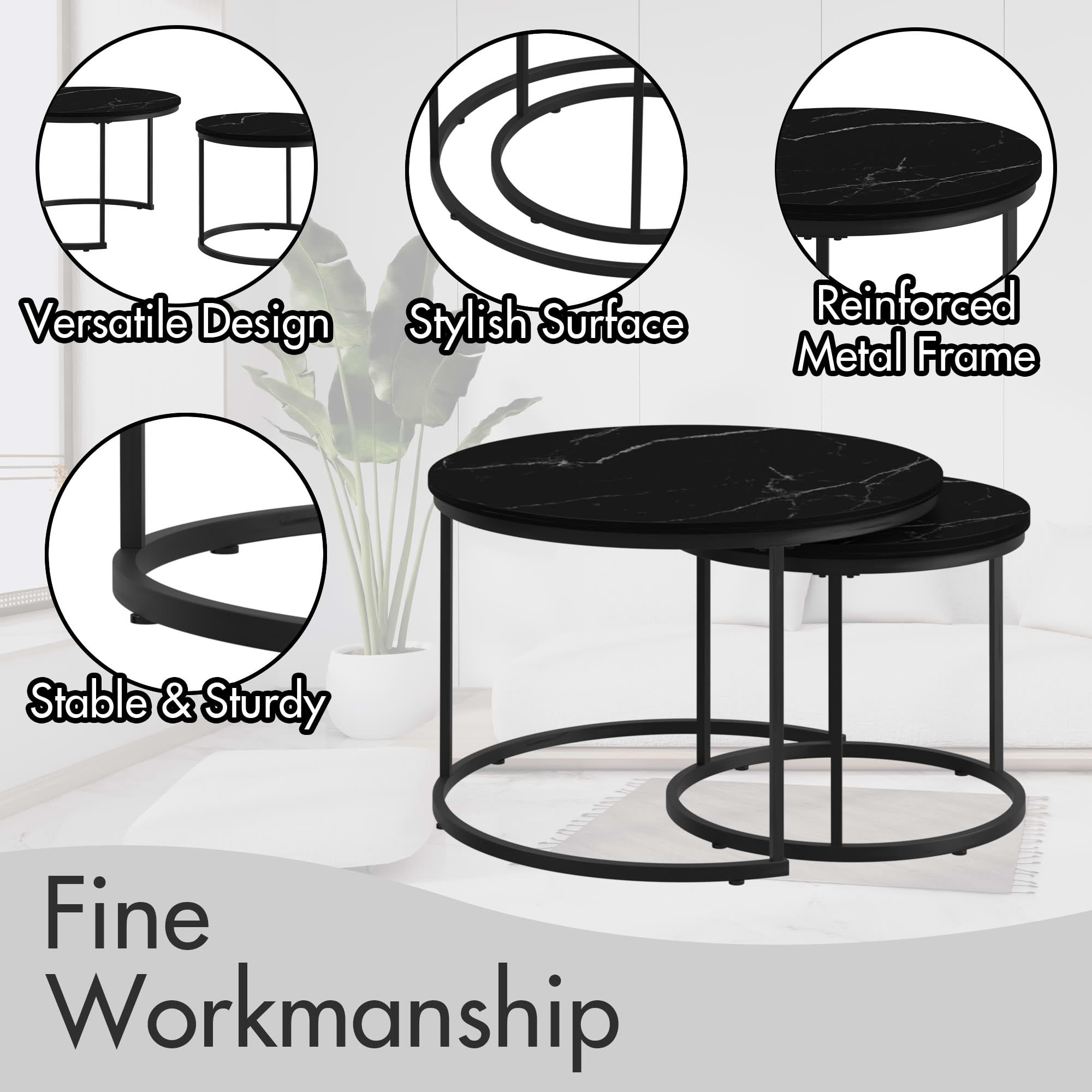 MAYEERTY 27.6" Nesting Coffee Table Set of 2, Round Wood Marble Top & Sturdy Metal Frame for Balcony Yard, Black