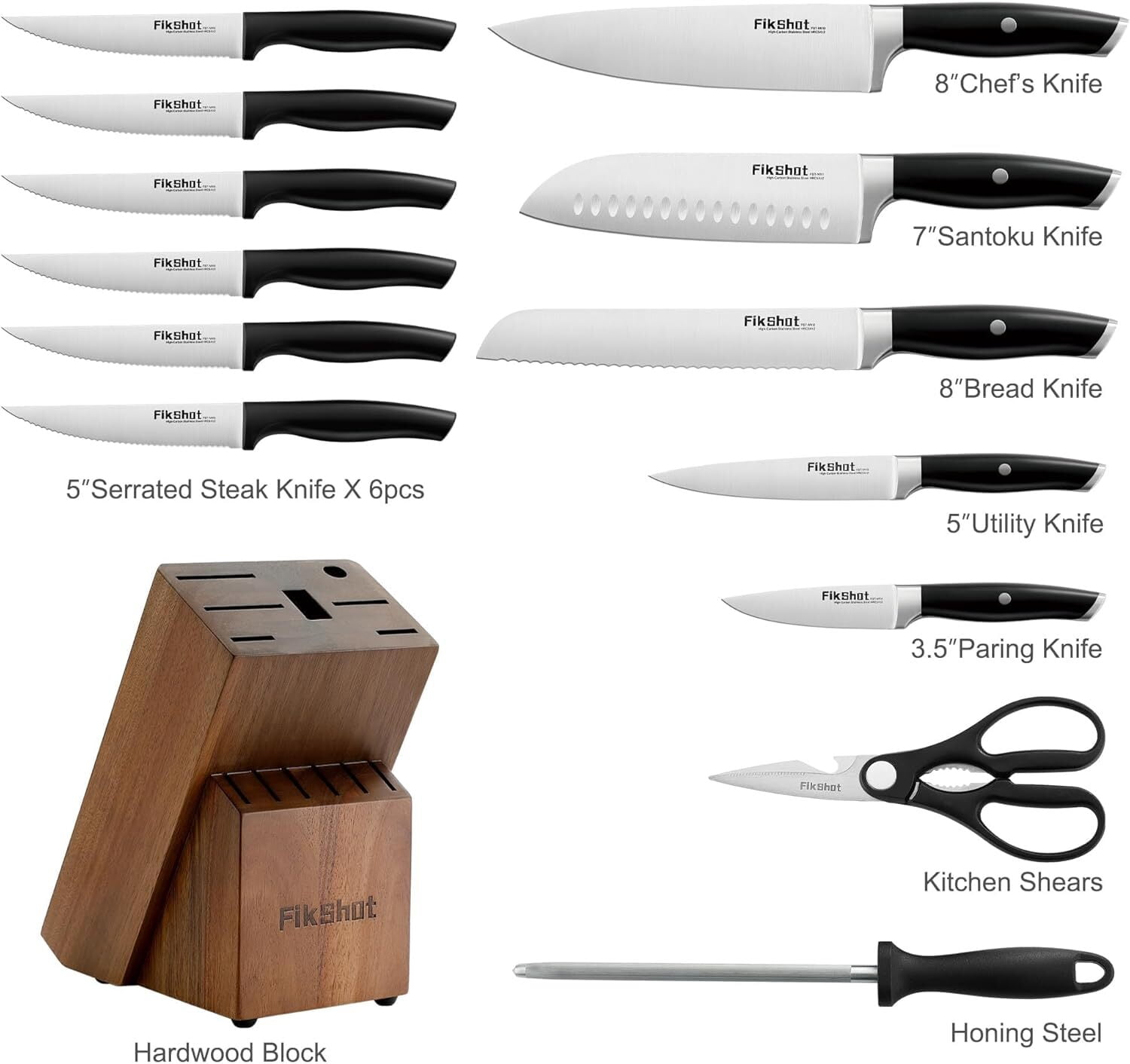 FIKSHOT 14-Piece Kitchen Knife Set with Built-in Sharpener, Professional White Stainless Steel Chef Knives, Dishwasher Safe