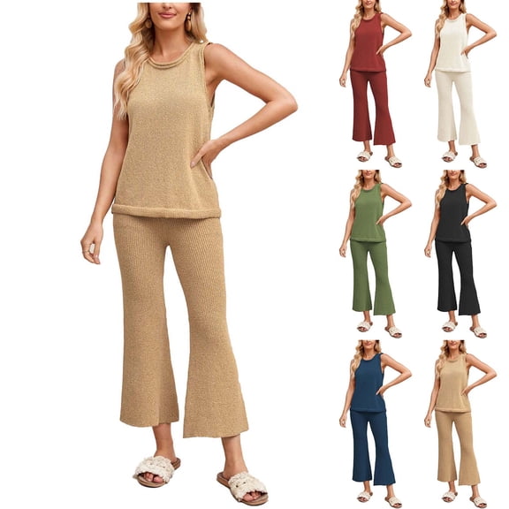 Bixock Women's 2 Piece Casual Set,Tank Top Long Pants Outfits,Fashion Solid Color Crew Neck Knit Sleeveless Top Long Pants Outfit Set