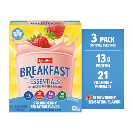(3 pack) Carnation Breakfast Essentials Powder Protein Nutritional Shake Drink Mix Packets, Strawberry Sensation Breakfast Shake, 10 Count