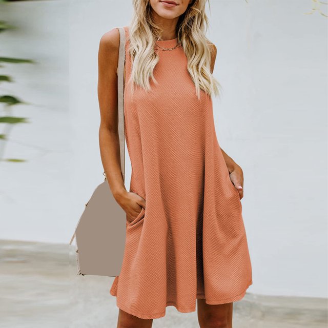 Fshaion Robe d'Été pour Femmes 2024 Grande Taille Printemps et Col Suspendu Jupe Grand Dos Robe Sans Manches Col Rond Liquidation à Moins de 10!