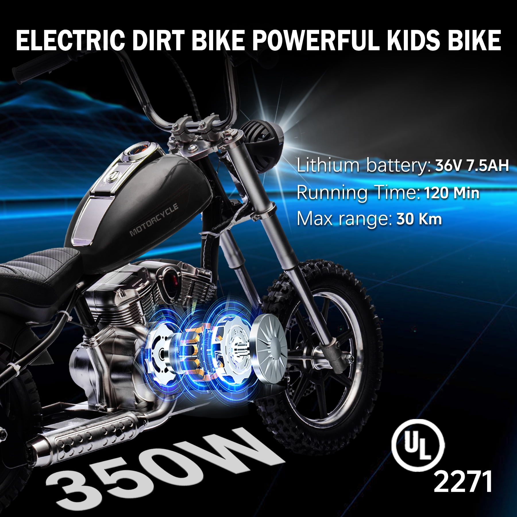 JoyWheels 36V Electric Dirt Bike, 350W Ride on Toy Motorcycle for kids,14mph, Black