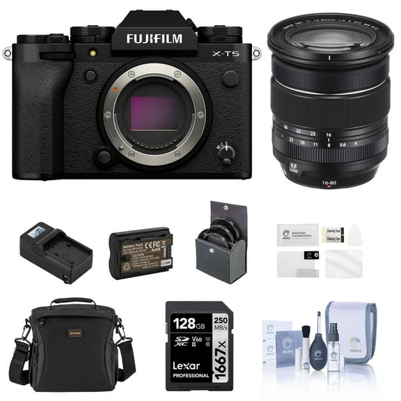 Fujifilm X-T5 Mirrorless Camera, Black with XF 16-80mm f/4.0 R OIS WR Lens, 128GB SD Card, Shoulder Bag, Extra Battery, Charger, 72mm Filter Kit, Screen Protector, Cleaning Kit