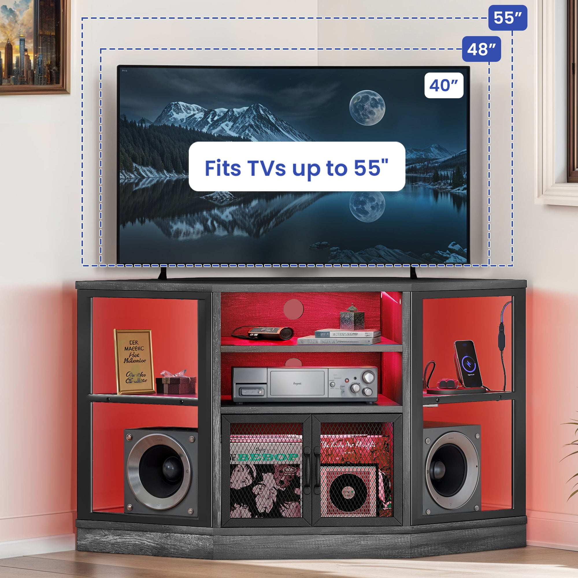 Uforic Corner TV Stand, LED-Lit Entertainment Center for TVs up to 55 Inches for Living Room