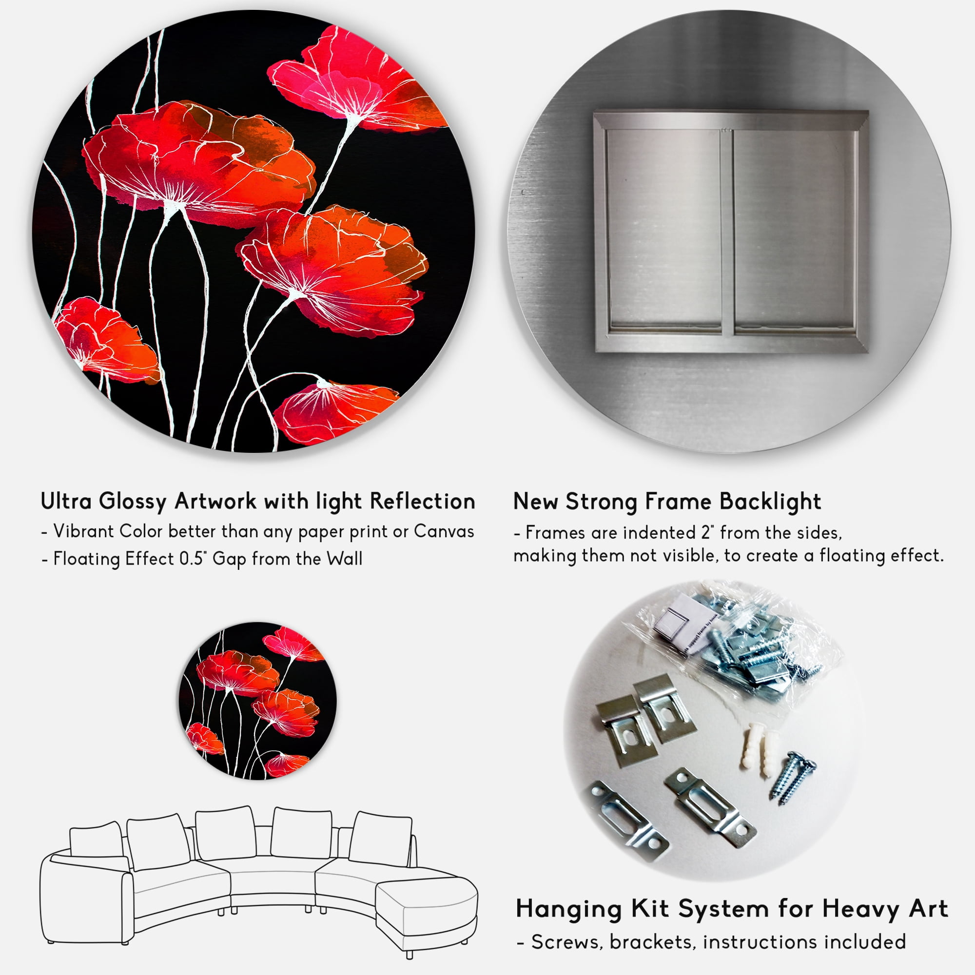 Designart 'Abstract Red Flower Detail On Black Background II' Traditional Circle Metal Wall Art 29x29 - Disc of 29