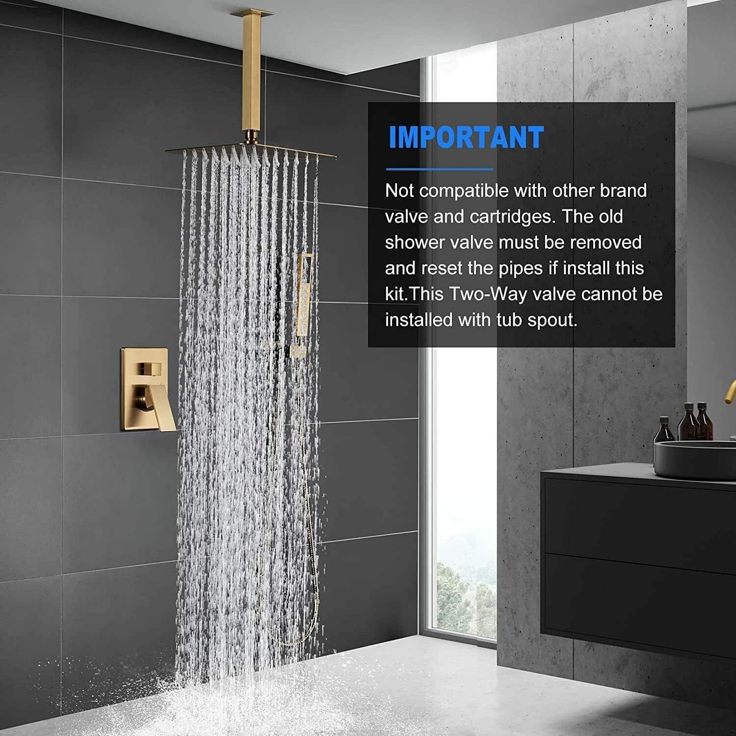Zovajonia Shower System 12 Inches Shower Faucet Set,  Rain Shower Head with Handheld Spray Bathroom Ceiling Mount Shower Fixtures Brushed Gold