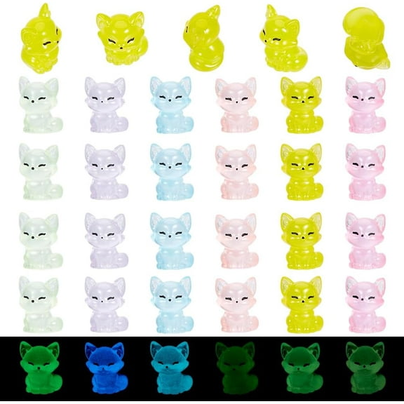 30Pcs Mini Resin Fox Luminous Mini Animals Figurines 6 Colors Tiny Animals Fox for DIY Garden Accessories Home Office Desk Micro Fairy Landscape Party Cake Toppers Birthday Decor Colorful