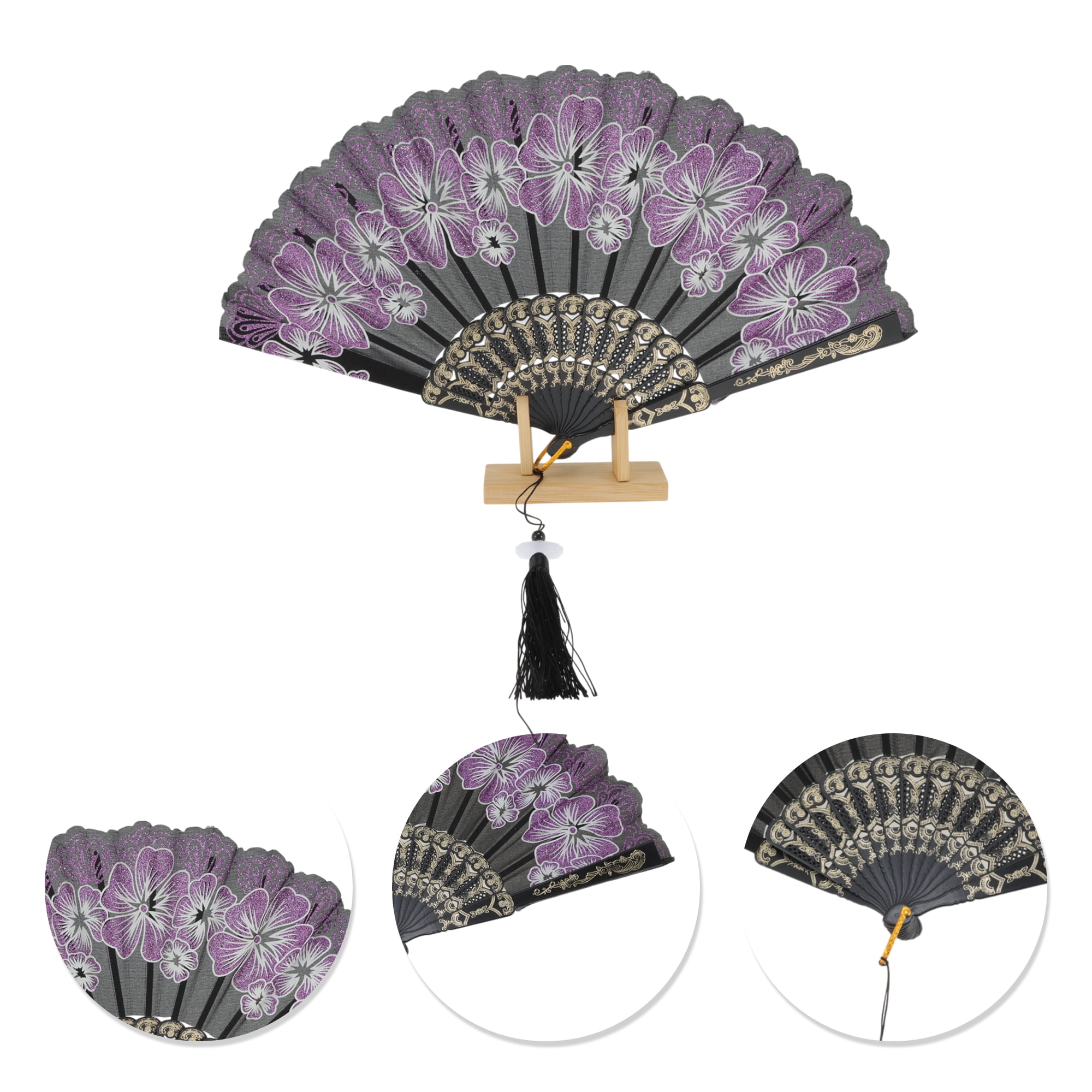 Unique Bargains Rose Lace with Tassel Folding Fan for Weddings and Parties 1 Pc Violet