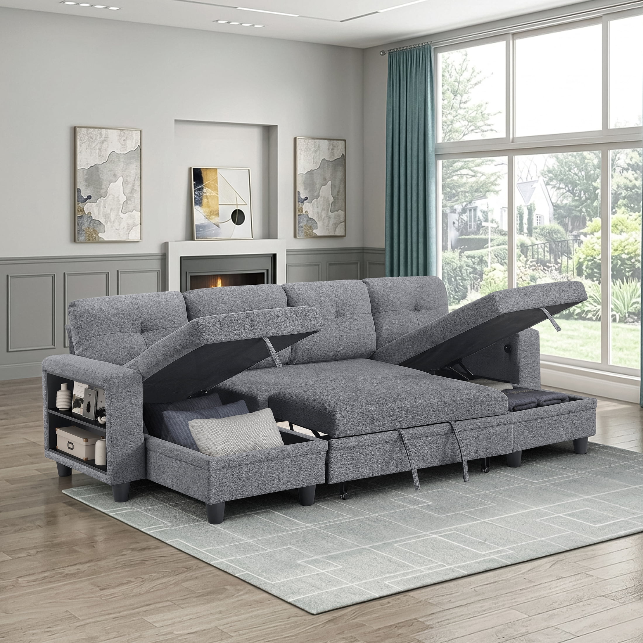 OakvillePark Vessarion Boucle Sectional with Two Chaises, Pull-out Bed, Shelves and Charging Ports, Gray