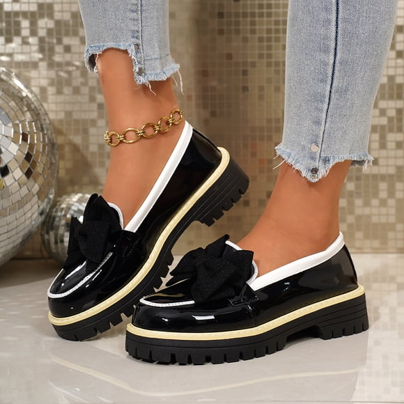 Chaussures à Talon Épais en Cuir Verni, Mocassins à Enfiler pour Femmes en Cuir Verni à Talon Épais avec Nœud, Élégants à Bout Rond, Plateforme, Chaussures d'École pour le Quotidien, Fête, Mariage, Robe de Mariée, Noir 8.5