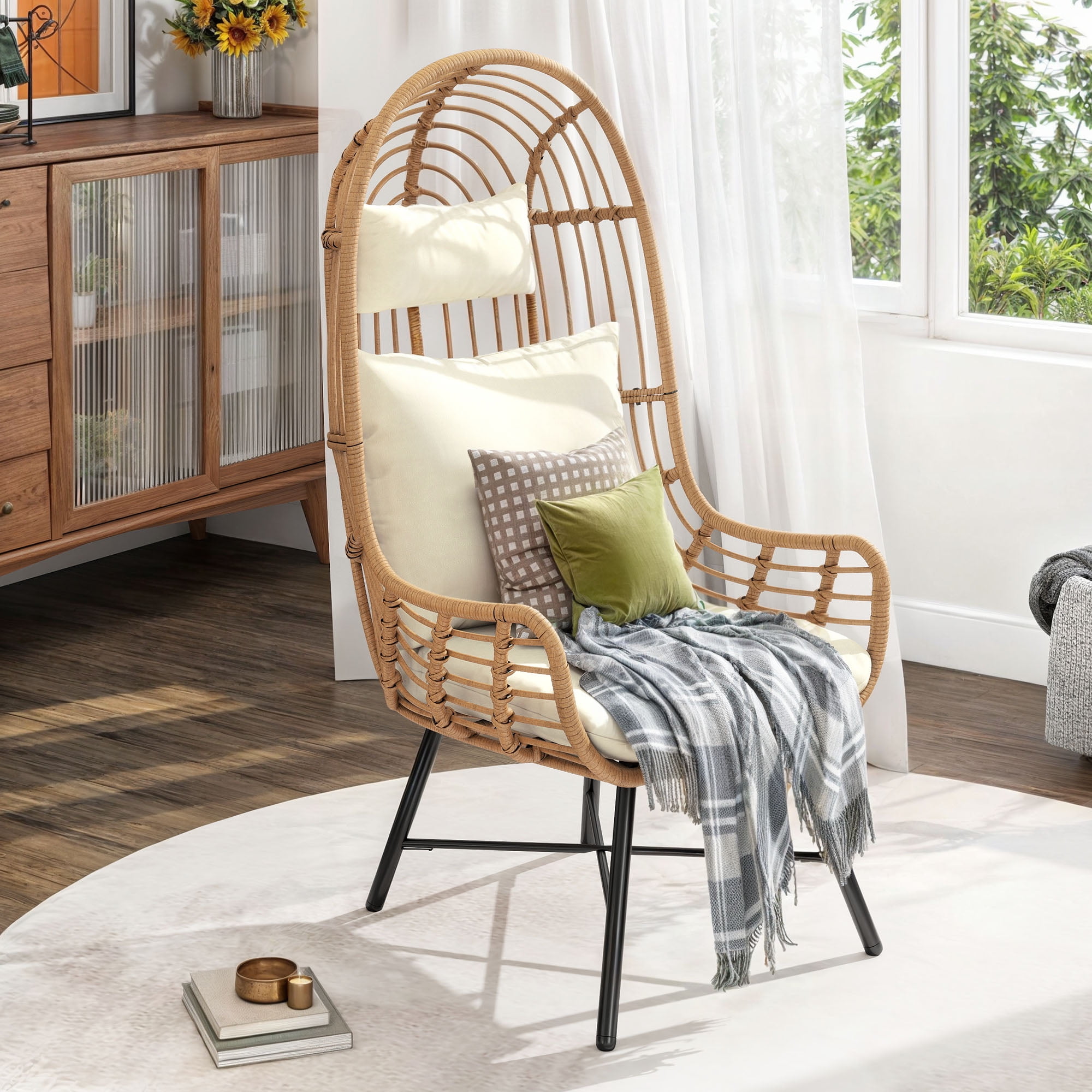 Uforic Wicker Outdoor Egg Chair,Patio Narrow Egg Chair ,Basket Chair With Cushions - Beige