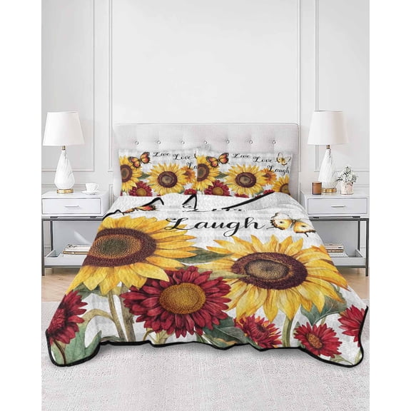 Quilts Twin Size, Sunflower Gray Check Soft Comforter Bedding Set for Bed, Farmhouse Flowers Butterfly Lightweight Quilted Bedspread with Pillow Cover(2 Pieces) for All Season, 68x86 Inch