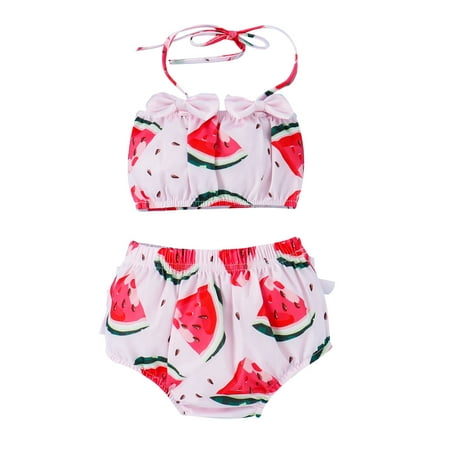 

Viworld Toddler Baby Girl Swimwear Watermelon Printed Bow-Knot Tie Up Sling Tops + Ruffle Shorts Set