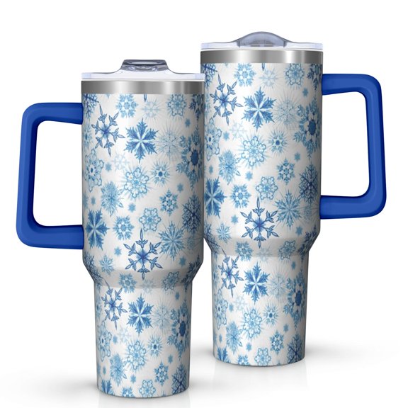 Blue Christmas Snowflake Pattern Tumbler with Handle and Lid,40oz Double Wall Vacuum Insulated Tumbler,Cups Gift for Women and Men