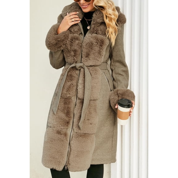 Giolshon Faux Fur Jacket Women Faux Fur-lined Winter Thicken Parka Long Sleeve Coat with Belt