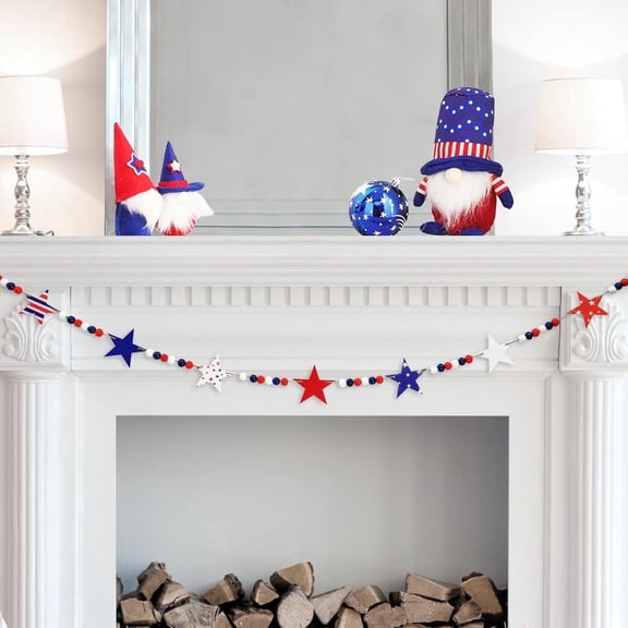 TETOU 4.2FT Patriotic Wooden Beads Garland with Felt Star, Red White Blue American Flag Colors Beaded Independence Day Decor, Rustic Farmhouse Banner 4th of July Garland for Home Mantel  Decoration