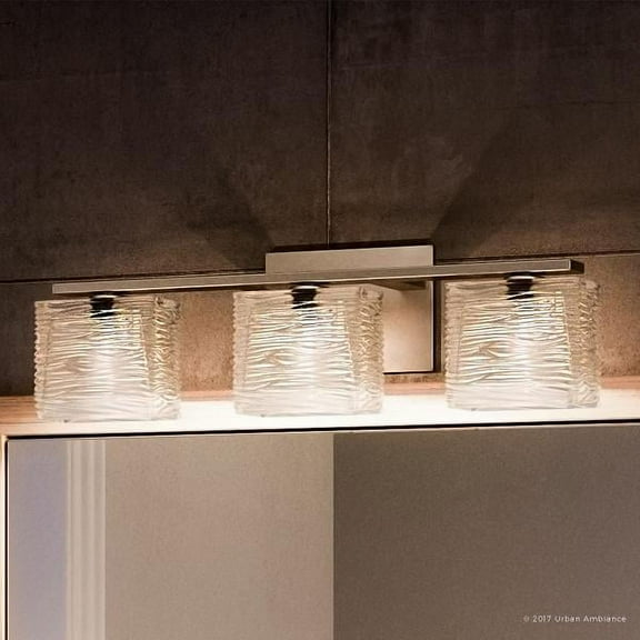 Urban Ambiance Luxury Modern Bathroom Vanity Light, Medium Size: 6.75"H x 22.5"W, with Brushed Nickel Finish and Sandblasted Inner Glass, Clear Wavy Outer Glass, G9 LED Technology, UQL2722