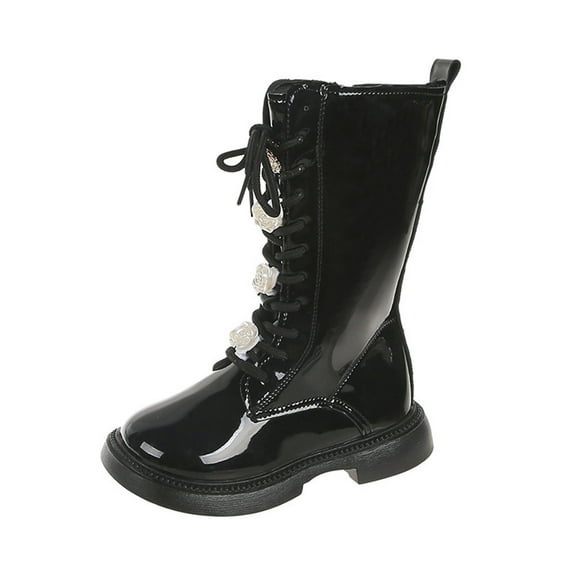 Toddler Girls Black Patent Leather Combat Boots Wide Calf Fleece Lined Knee High Boots Wide Toe Box Non Slip Winter Booties Size 7 Toddler