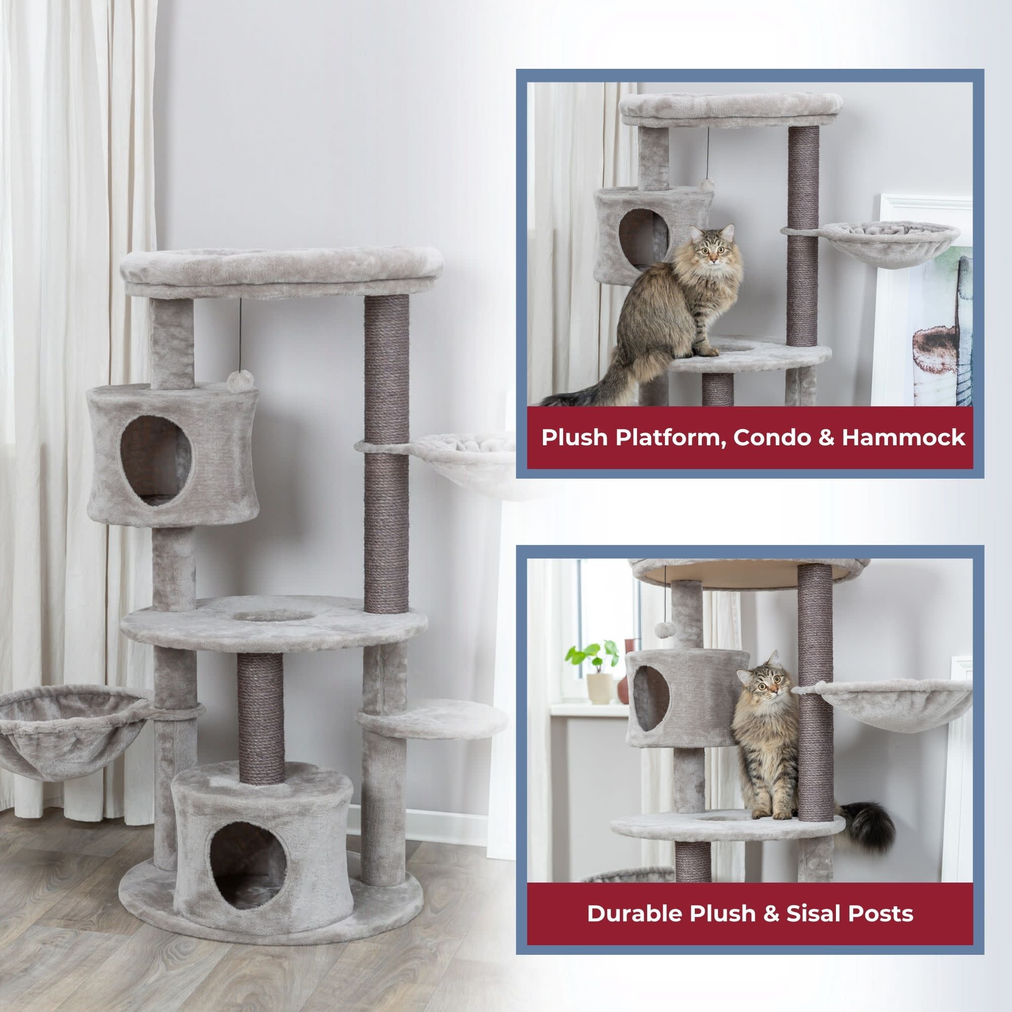TRIXIE Anna Plush & Sisal 50" Cat Tree Scratching Posts Condos Hammocks Perches Cat Toy, Gray