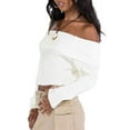 thumbnail image 4 of Arvbitana Women Cropped Off-Shoulder Sweater Solid Color Knitwear Pullover Cute Soft Long Sleeve Sweatshirt Slim Fit Tops Fall Warm Streetwear, 4 of 7