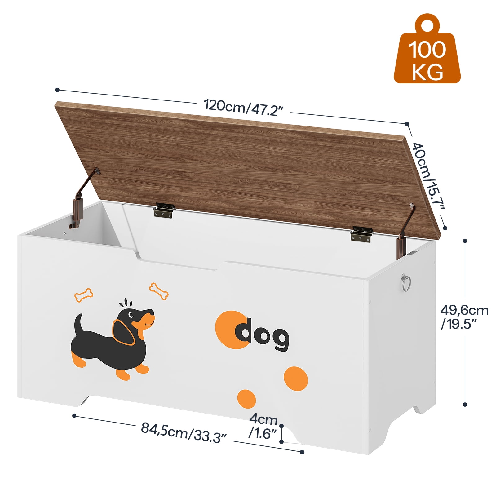 HOOBRO 47.2" Farmhouse Storage Bench with Puppy Pattern & Safety Hinges, White and Walnut