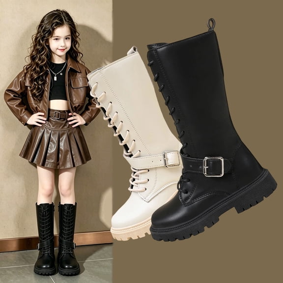 Girls Mid Calf Leather Boots Lace up Buckle Strap Round Toe Thick Platform Sole Fashion Casual Fall Winter Dress Boots for Little & Big Kids White 2.5(37)