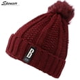 thumbnail image 3 of Spencer Winter 2Pcs Pom Pom Cable Beanie Hat Scarf Set Soft Warm Knit Ski Cap Thick Neck Scarf for Women "Wine Red", 3 of 6