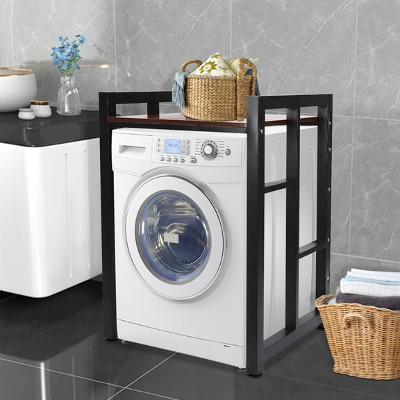 Laminate Adjustable Washer and Dryer Organizer Shelf, Black and Teak Color, Storage Rack for Home