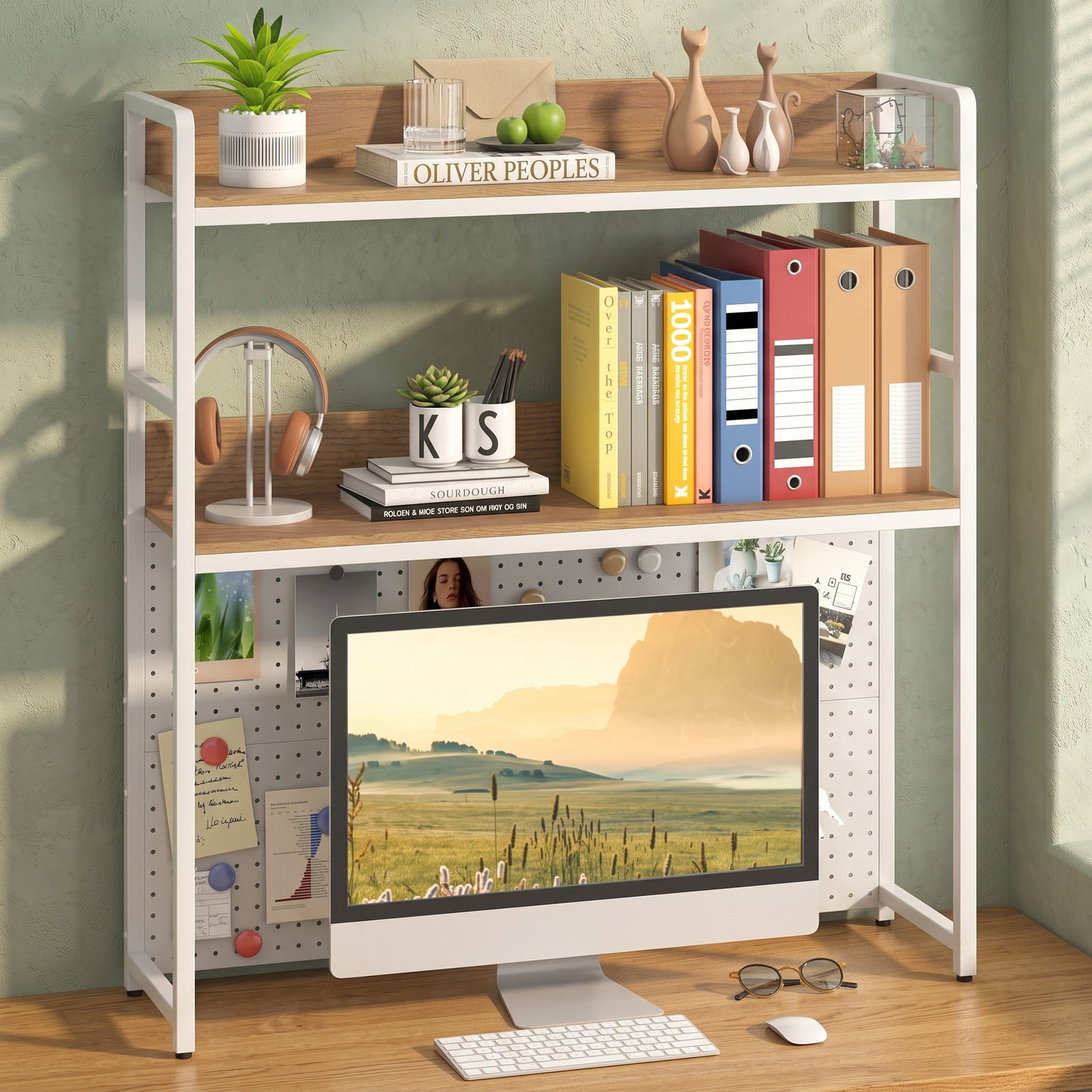 Furnibear 2-Tier Desktop Bookshelf with Metal Pegboard, Monitor Stand Riser Desk Organizer Shelf for Home Office up to 32 Inch Screen, Natural