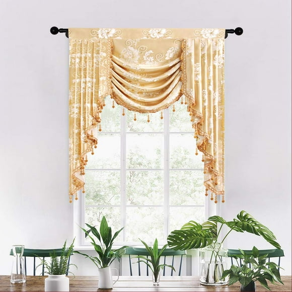 ELKCA Jacquard Single Swag Waterfall Valance for Living Room Floral Curtain Valance for Bedroom (Floral-Golden, W39 Inch, 1 Panel)
