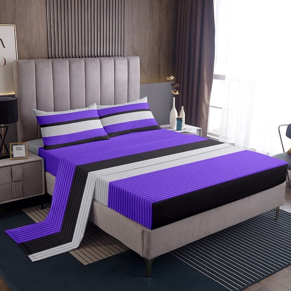 Erosebridal Geometric Stripes Sheet Set Twin,Grey Purple Bedding Sets Twin Size,Abstract Artwork Twin Sheet Sets,Breathable Lines Room Decoration,3pcs