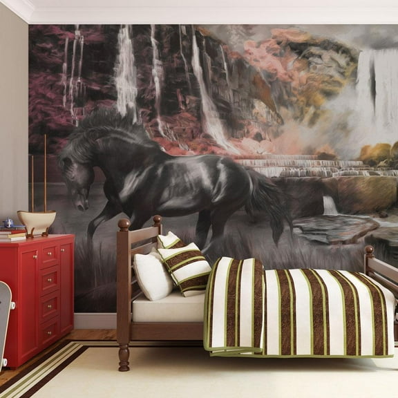 Tiptophomedecor Animal Wallpaper Wall Mural - Black Horse By A Waterfall