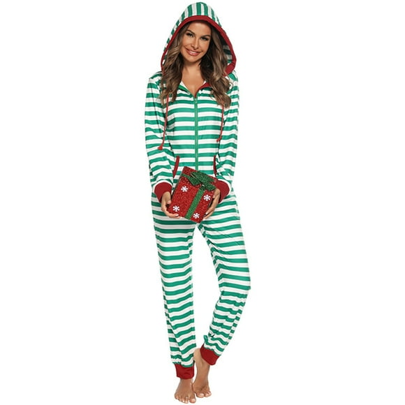 ZAXARRA Women's Christmas Pajamas Jumpsuit Stripe Warm Long Rompers Sleepwear Zipper Drawstring Hooded Playsuits Loungewear
