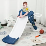 Qaba kids Slide for Indoor and Outdoor, Toddler Freestanding Slide Climber Toy for 18-48 Months Basketball Hoop, Ball and Inflator, Blue