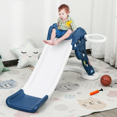 Qaba kids Slide for Indoor and Outdoor, Toddler Freestanding Slide Climber Toy for 18-48 Months Basketball Hoop, Ball and Inflator, Blue