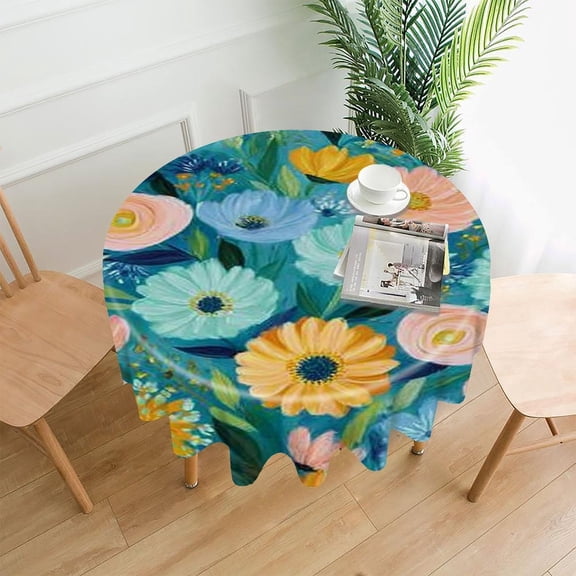 RKSupls 60 Inch Round Tablecloth, Colorful Flowers Teal Premium Polyester Straight Edge Wrinkle Resistant Washable Table Cover for Party Home Dining Decor