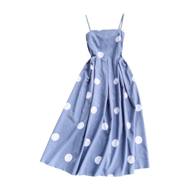 Dot Dress Mujer Sin espalda Sin mangas A-line Vestido largo de cintura alta, Azul Vogacara AP001541-07B