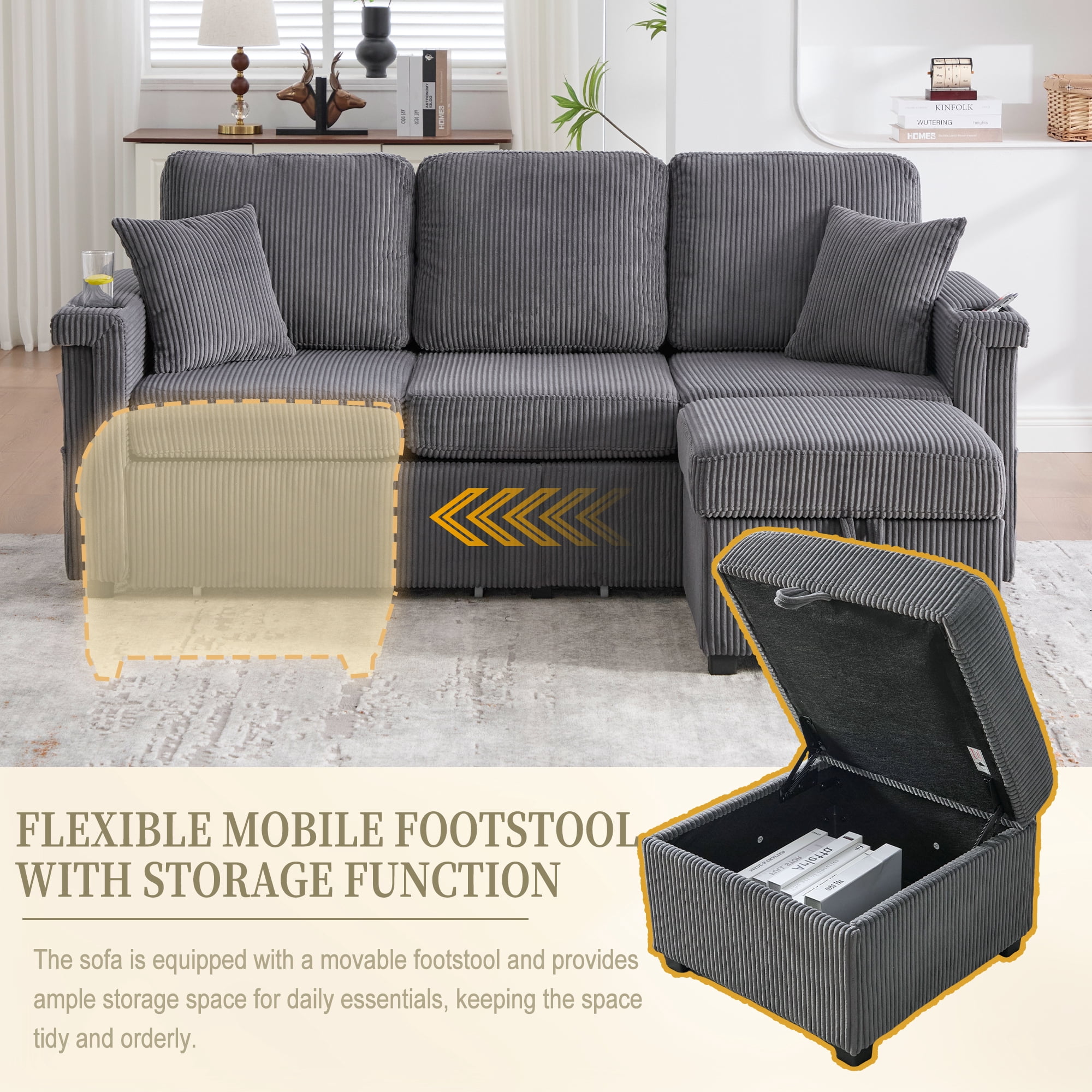 MOONMISS Corduroy Upholstered L-shaped Pull-Out Storage Sectional Sofa with Storage Ottoman,USB Charging,Cup Holder-Gray
