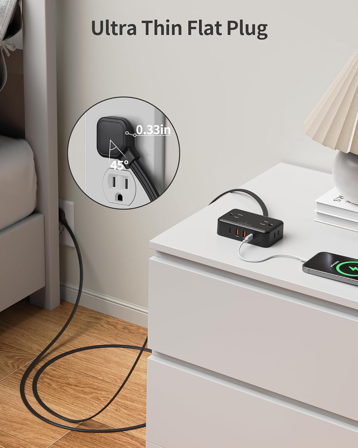 JJEAN-Flat Plug Extension Cord, 6 Ft Ultra Thin Power Strip, 4 AC Wide Spaced outlets and 4 USB (2 USB-C) Ports, No Surge Protector for Cruise Ship, Travel, Dorm Room Essentials (Black)