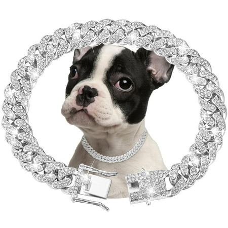 Silver Dog Chain Collar DPF11 Diamond Cuban Link Dog Collar 13mm Wide Dog Necklace Metal Cat Chain Pet Crystal Collar Jewelry Accessories for Small Medium Large Dogs Cats(18inch)