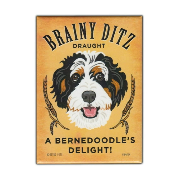 Retro Pets Magnet, Brainy Ditz Draught, Bernedoodle Dog, Vintage Advertising Art, 2.5" x 3.5"