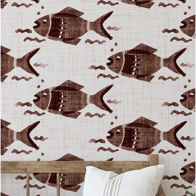 S4Sassy Self-Stick Decorative Boho Wallpaper, Fish Motif Wall Paper, Textured Vinyl Waterproof Contact Paper, Brown, 25"X120" Removable Renter Friendly Wall Covering For Bedroom, Dining Room