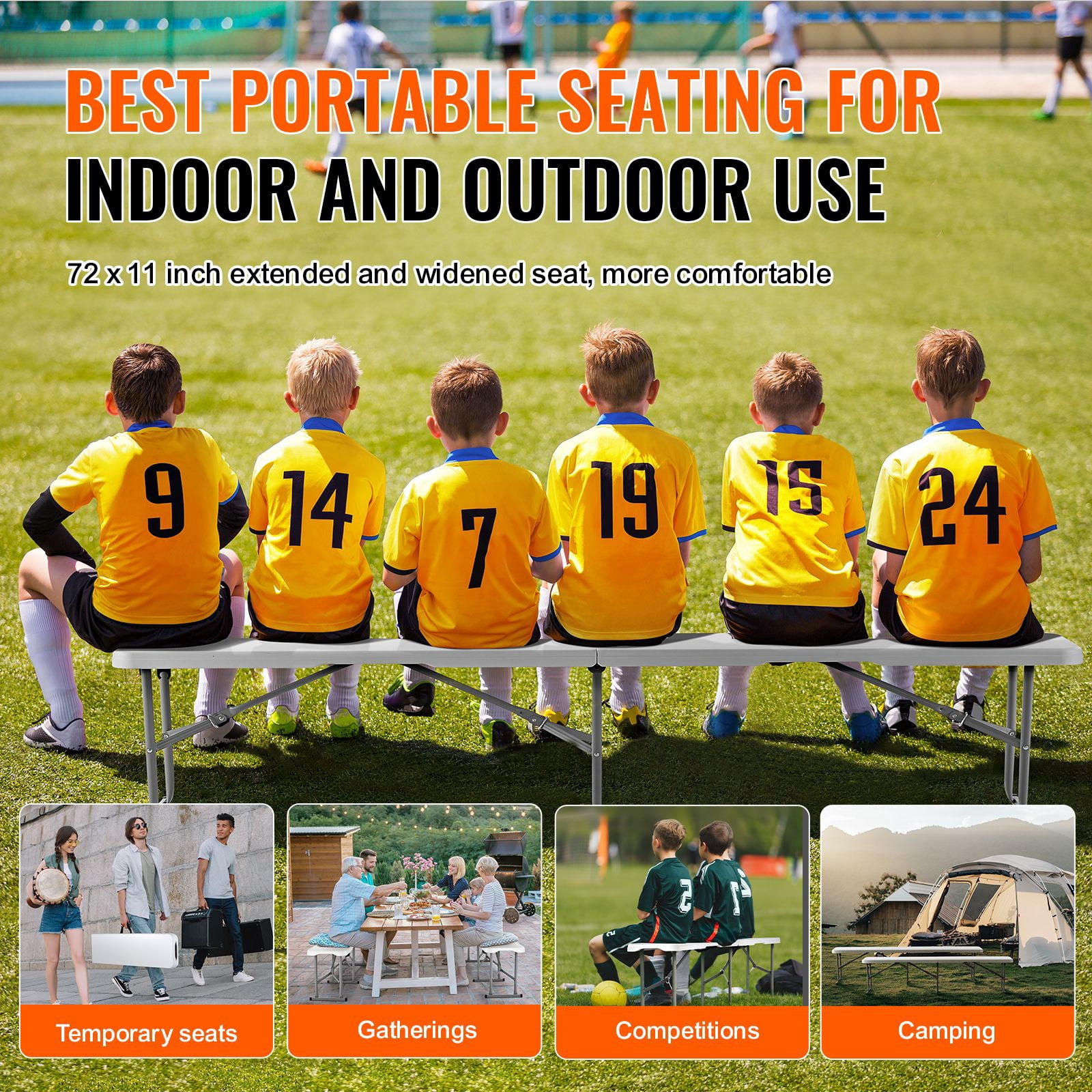 2 Pack Plastic Folding Bench, 6 ft Portable Bench for Indoor Outdoor Picnic Party Patio Camping Dining, Foldable Smooth HDPE Seat for Garden Soccer Entertaining Activities, White
