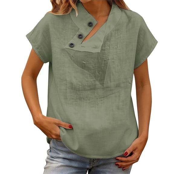 Short Sleeve Tops for Women Tshirts Cotton Linen High Neck Cap Sleeve Shirt Fashion Casual Cotton Linen Blouses Tops on Sale