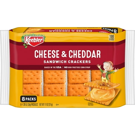 Keebler Cheese and Cheddar Sandwich Crackers, Single Serve Snack Crackers, 8 Count